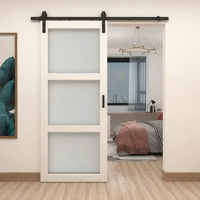 Alt view image 2 of 7 - 36 in. x 84 in. 3-Lites Pre Assembled Frosted Glass White MDF Interior Sliding Barn Door w/ Hardware Kit and Door Handle