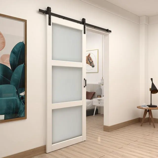 Alt view image 3 of 7 - 36 in. x 84 in. 3-Lites Pre Assembled Frosted Glass White MDF Interior Sliding Barn Door w/ Hardware Kit and Door Handle