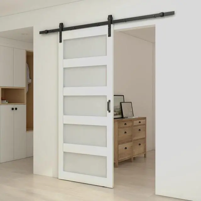 Alt view image 5 of 7 - 36 in. x 84 in. 5-Lite Tempered Frosted Glass White MDF Assembly Required Interior Sliding Barn Door with Hardware Kit