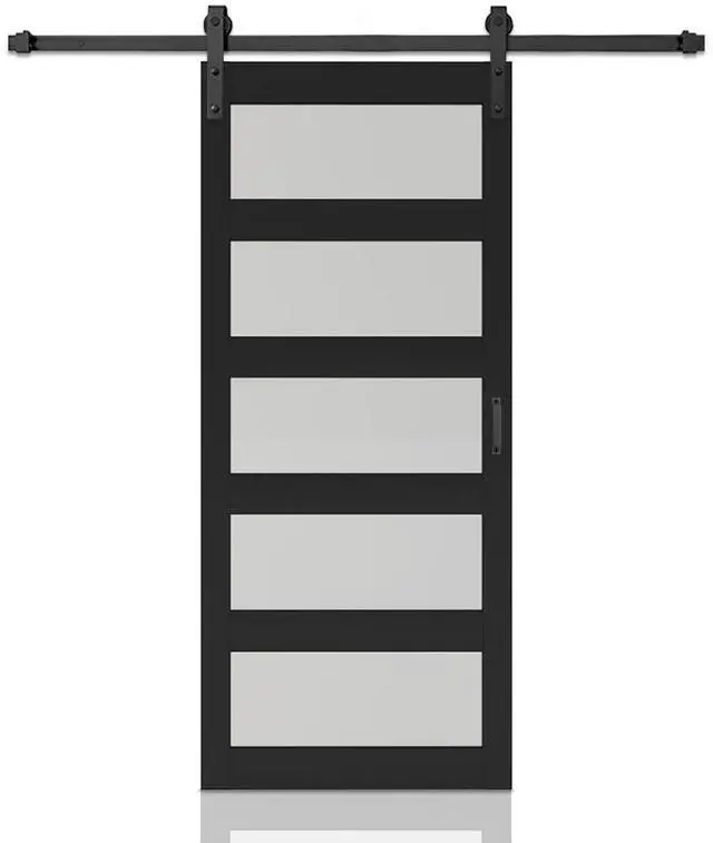 Main image of 42 in. x 84 in. 5-Lite Tempered Frosted Glass Black MDF Assembly Required Interior Sliding Barn Door with Hardware Kit