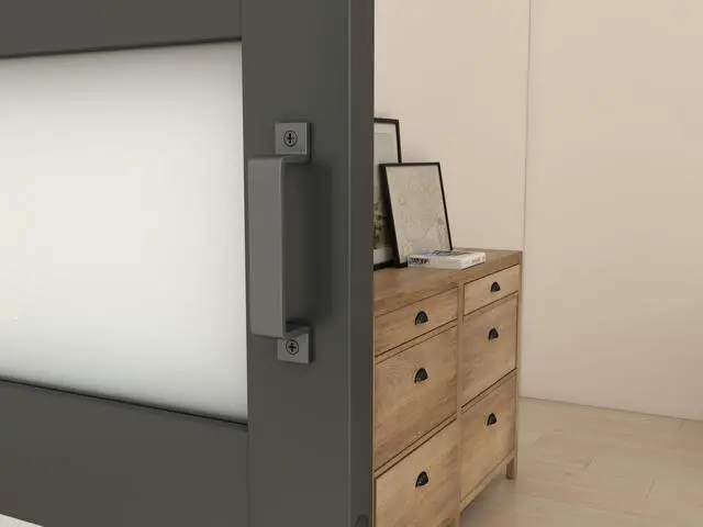 Alt view image 2 of 7 - 42 in. x 84 in. 5-Lite Tempered Frosted Glass Black MDF Assembly Required Interior Sliding Barn Door with Hardware Kit