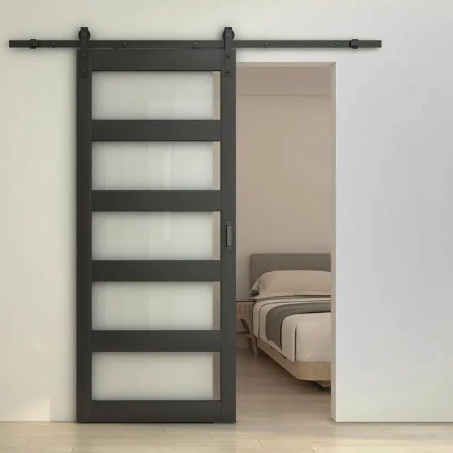 Alt view image 5 of 7 - 42 in. x 84 in. 5-Lite Tempered Frosted Glass Black MDF Assembly Required Interior Sliding Barn Door with Hardware Kit