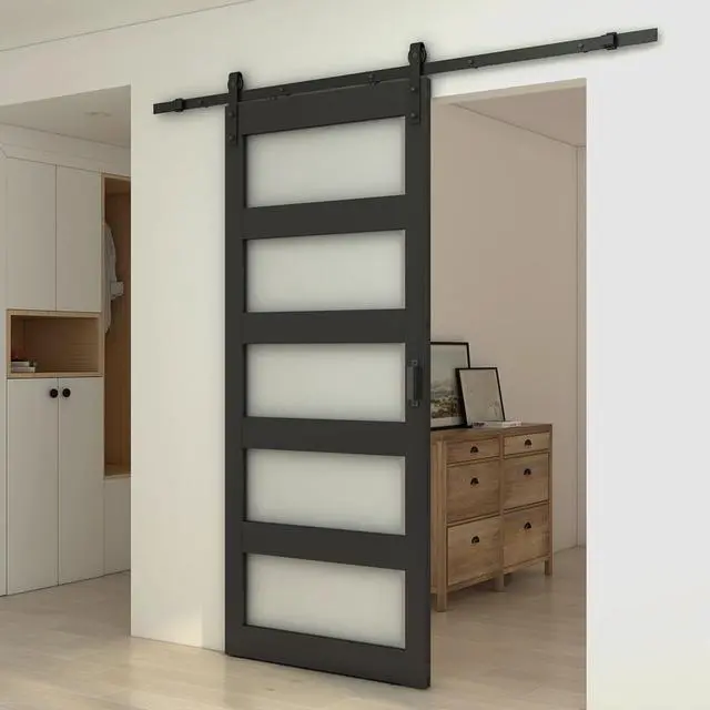 Alt view image 6 of 7 - 42 in. x 84 in. 5-Lite Tempered Frosted Glass Black MDF Assembly Required Interior Sliding Barn Door with Hardware Kit