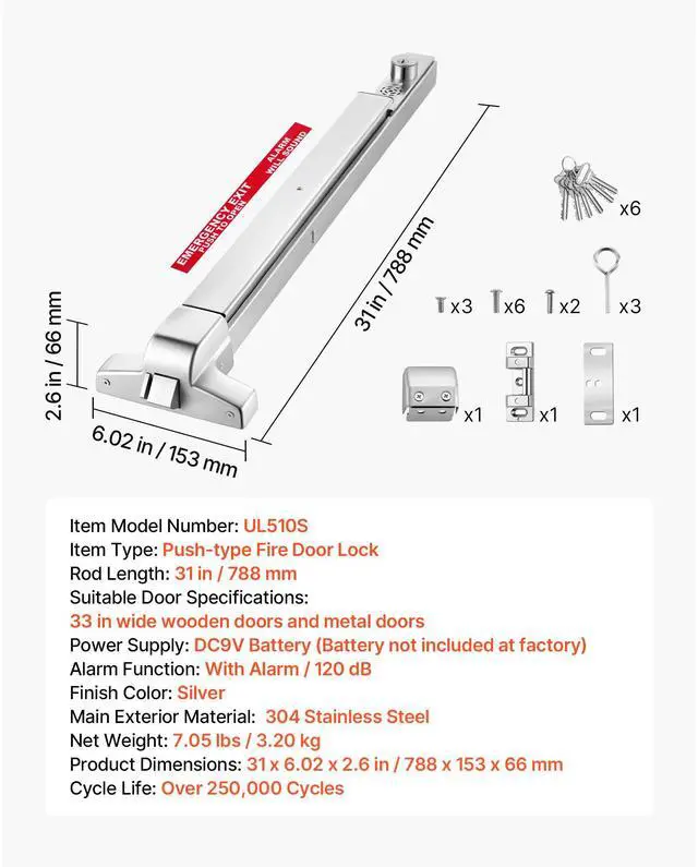 Alt view image 3 of 7 - Push Bar Panic Exit Device, 31" Stainless Steel Commercial Panic Bar for Exit Doors, Emergency Exit Door Hardware with Auto Alarm System and Sticker, for 31"-46" Wood or Metal Door, Silver
