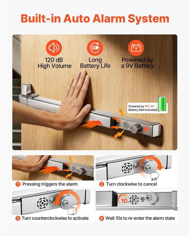 Alt view image 5 of 7 - Push Bar Panic Exit Device, 31" Stainless Steel Commercial Panic Bar for Exit Doors, Emergency Exit Door Hardware with Auto Alarm System and Sticker, for 31"-46" Wood or Metal Door, Silver