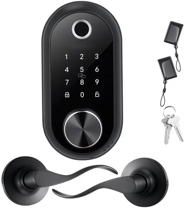 Main image of Fingerprint Door Lock Set, Electronic Biometric Deadbolt Keyless Entry Door Lock with Handle, Touchscreen, Auto Locking, One-Time Code, Anti-Peeking Password, IC Cards, for Home, Matte Black