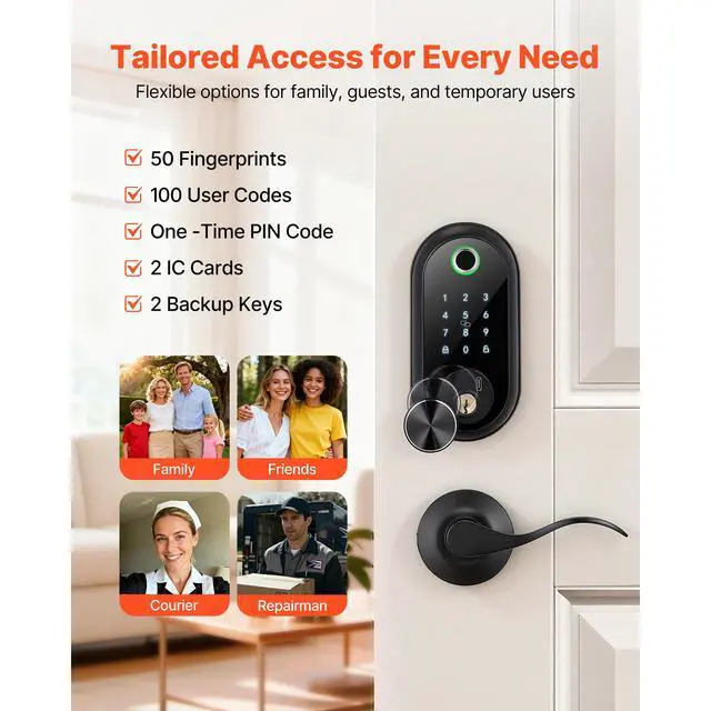 Alt view image 5 of 7 - Fingerprint Door Lock Set, Electronic Biometric Deadbolt Keyless Entry Door Lock with Handle, Touchscreen, Auto Locking, One-Time Code, Anti-Peeking Password, IC Cards, for Home, Matte Black
