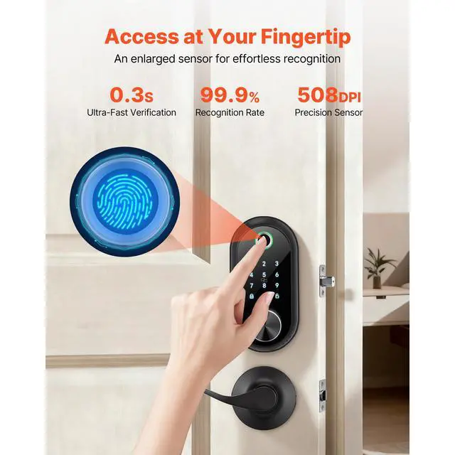 Alt view image 6 of 7 - Fingerprint Door Lock Set, Electronic Biometric Deadbolt Keyless Entry Door Lock with Handle, Touchscreen, Auto Locking, One-Time Code, Anti-Peeking Password, IC Cards, for Home, Matte Black