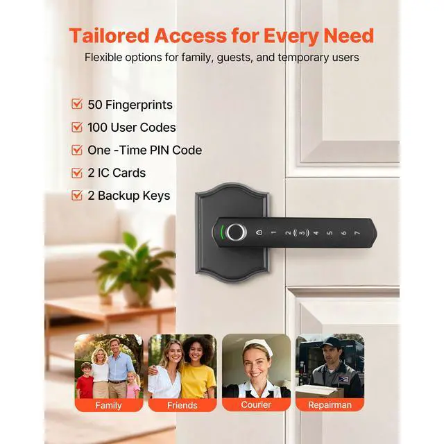 Alt view image 2 of 7 - Fingerprint Door Lock Set, Electronic Biometric Knob Keyless Entry Door Lock with Handle, Auto Locking, One-Time Code, Anti-Peeking Password, Easy Installation, for Home, Apartment, Matte Black
