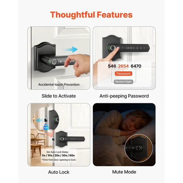 Alt view image 5 of 7 - Fingerprint Door Lock Set, Electronic Biometric Knob Keyless Entry Door Lock with Handle, Auto Locking, One-Time Code, Anti-Peeking Password, Easy Installation, for Home, Apartment, Matte Black