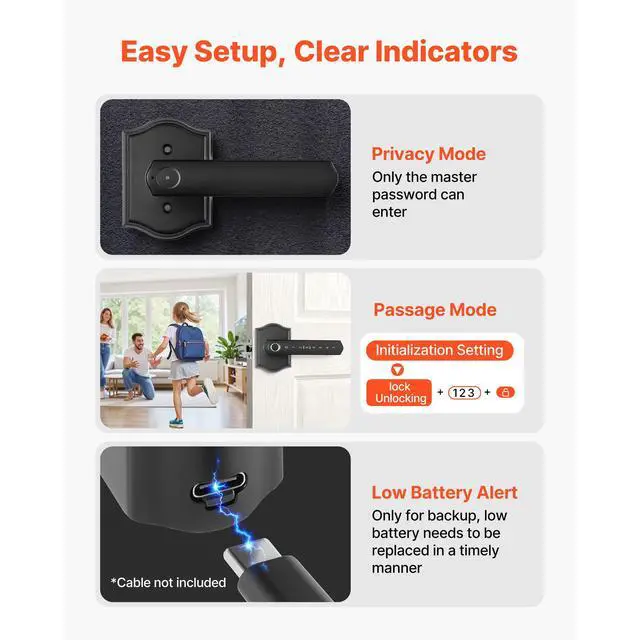 Alt view image 7 of 7 - Fingerprint Door Lock Set, Electronic Biometric Knob Keyless Entry Door Lock with Handle, Auto Locking, One-Time Code, Anti-Peeking Password, Easy Installation, for Home, Apartment, Matte Black