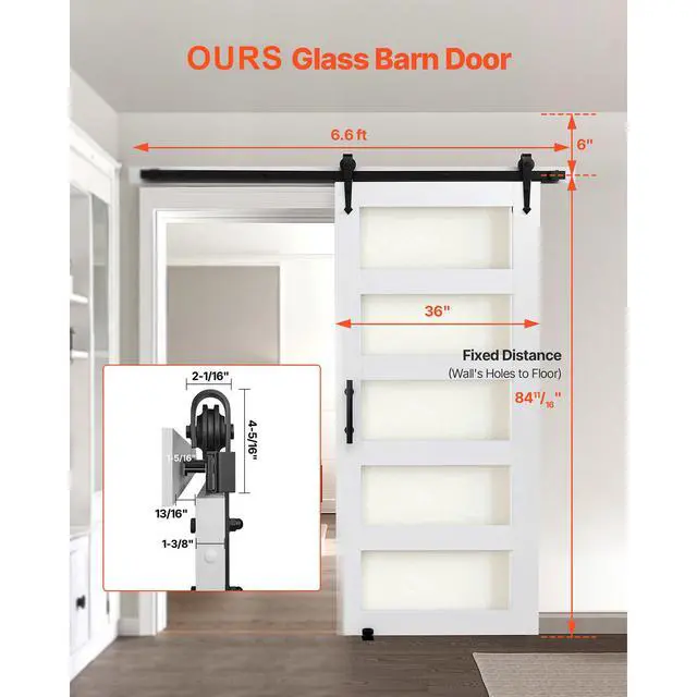 Alt view image 5 of 7 - Sliding Barn Door, 36 x 84 inch, High-Strength MDF Panel and Glass, Barn Door with Hardware Kit, Water-Proof PVC Surface, Easy to Install, H-Frame, Smoothly and Quietly Sliding for Living Room