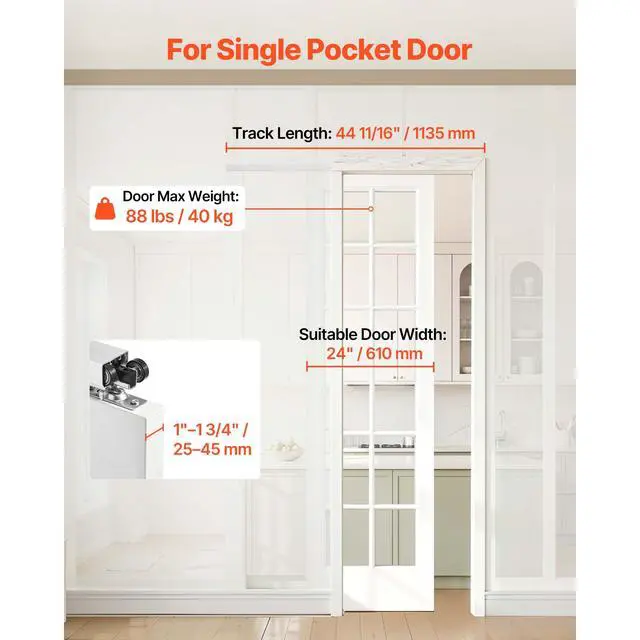 Alt view image 5 of 7 - Sliding Pocket Door Hardware Track Kit, 44.69" Pocket Door Track Kit with Soft Close Mechanism for Smooth and Quiet Sliding, Easy to Install, for 1" to 1 3/4" Thickness 24" Width Single Door