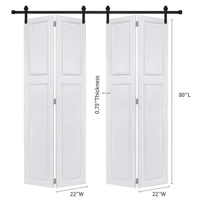 Alt view image 2 of 5 - Dual CNC crafted bi-fold door 3/4" thick 44 in. x 80 in. MDF White Barn Sliding Door With Hardware kit