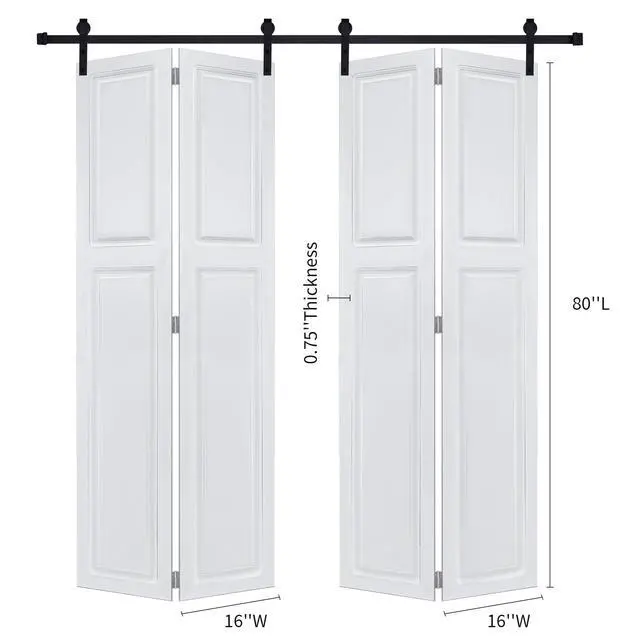 Alt view image 2 of 5 - Dual CNC crafted bi-fold door 3/4" thick 32 in. x 80 in. MDF White Barn Sliding Door With Hardware kit