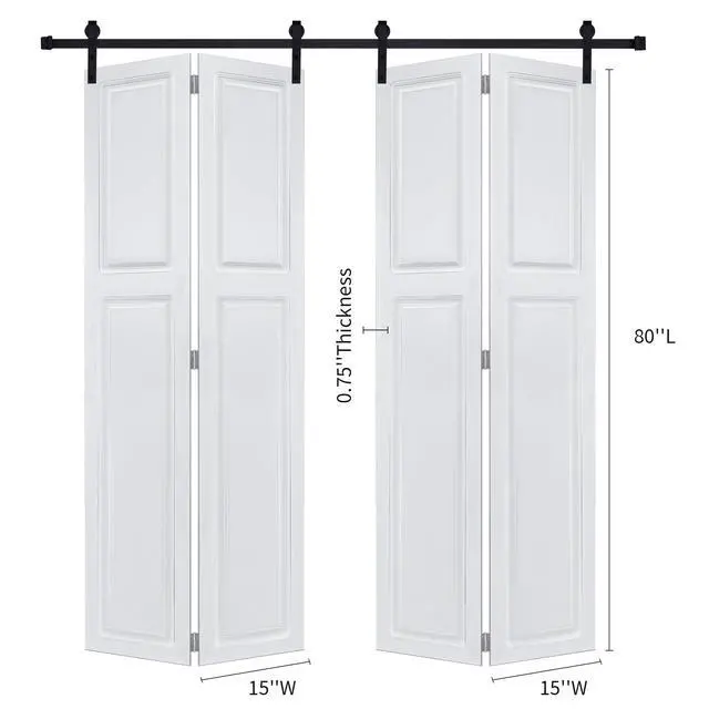 Alt view image 2 of 5 - Dual CNC crafted bi-fold door 3/4" thick 30 in. x 80 in. MDF White Barn Sliding Door With Hardware kit