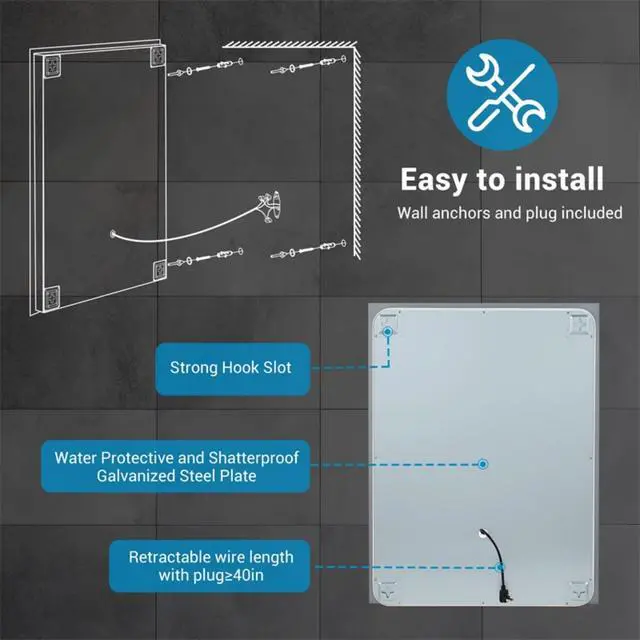 Alt view image 2 of 7 - 36" x 28" LED Bathroom Mirror Bright Backlight, 5 Mins Defog, Full HD Reflected Wall Mounted Vanity Mirror, 3 Colors Stepless Dimmable, CRI90+, Memory Function, Anti-Fog