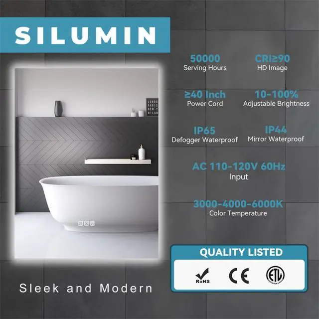 Alt view image 4 of 7 - 36" x 28" LED Bathroom Mirror Bright Backlight, 5 Mins Defog, Full HD Reflected Wall Mounted Vanity Mirror, 3 Colors Stepless Dimmable, CRI90+, Memory Function, Anti-Fog