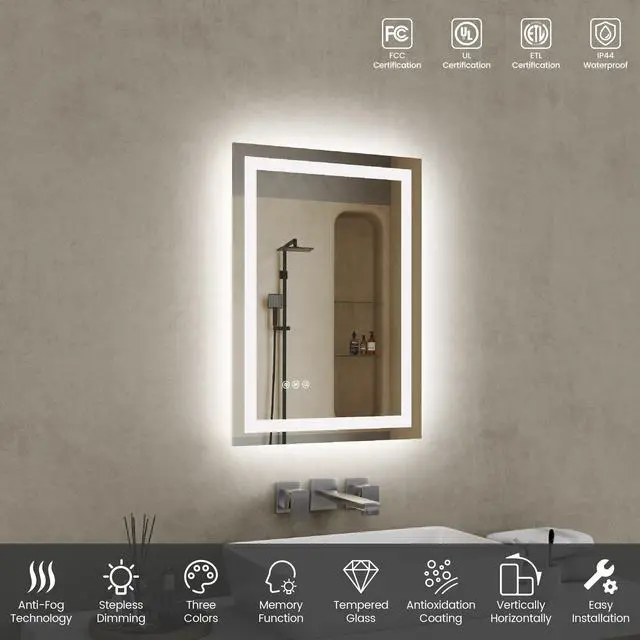 Alt view image 3 of 7 - 20"x28"LED Bathroom Mirror,Front-Lit and Back-Lit, Stepless Dimmable, 3 Colors CRI90+, Brightness Memory, Shatter-Proof,Anti-fog LED Vanity Mirror, IP44 Waterproof