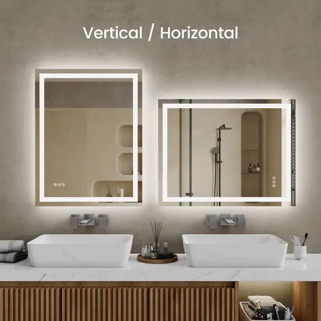 Alt view image 4 of 7 - 20"x28"LED Bathroom Mirror,Front-Lit and Back-Lit, Stepless Dimmable, 3 Colors CRI90+, Brightness Memory, Shatter-Proof,Anti-fog LED Vanity Mirror, IP44 Waterproof