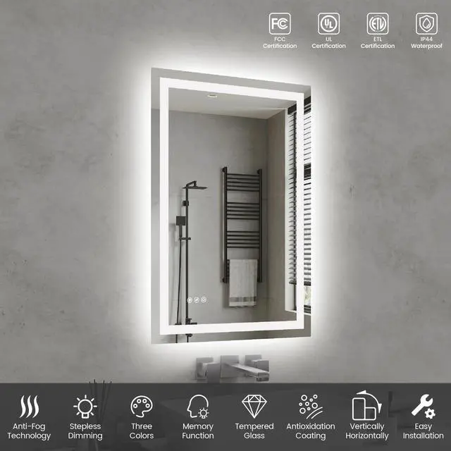 Alt view image 3 of 7 - 24"x36"LED Bathroom Mirror,Front-Lit and Back-Lit, Stepless Dimmable, 3 Colors CRI90+, Brightness Memory, Shatter-Proof,Anti-fog LED Vanity Mirror, IP44 Waterproof