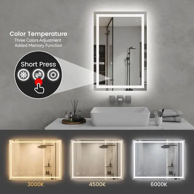 Alt view image 5 of 7 - 24"x36"LED Bathroom Mirror,Front-Lit and Back-Lit, Stepless Dimmable, 3 Colors CRI90+, Brightness Memory, Shatter-Proof,Anti-fog LED Vanity Mirror, IP44 Waterproof