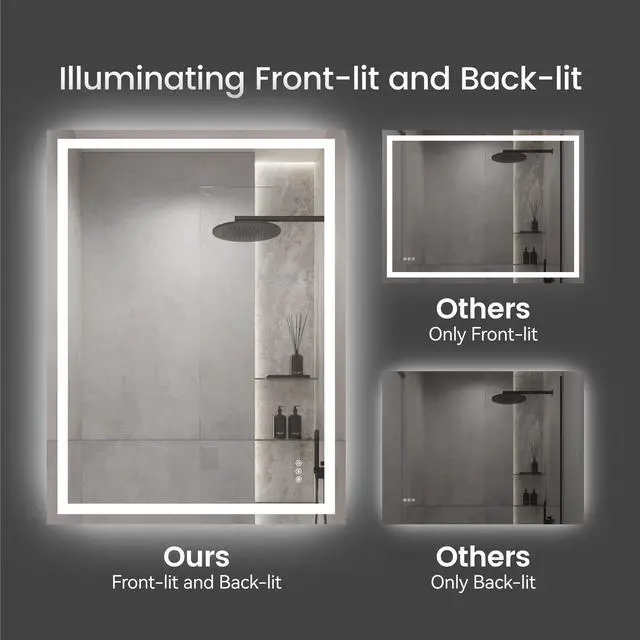 Alt view image 6 of 7 - 24"x36"LED Bathroom Mirror,Front-Lit and Back-Lit, Stepless Dimmable, 3 Colors CRI90+, Brightness Memory, Shatter-Proof,Anti-fog LED Vanity Mirror, IP44 Waterproof