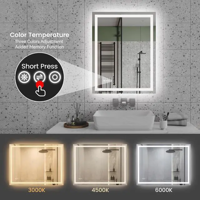 Alt view image 5 of 7 - 28"x36"LED Bathroom Mirror,Front-Lit and Back-Lit, Stepless Dimmable, 3 Colors CRI90+, Brightness Memory, Shatter-Proof,Anti-fog LED Vanity Mirror, IP44 Waterproof
