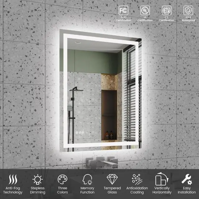 Alt view image 3 of 7 - 28"x36"LED Bathroom Mirror,Front-Lit and Back-Lit, Stepless Dimmable, 3 Colors CRI90+, Brightness Memory, Shatter-Proof,Anti-fog LED Vanity Mirror, IP44 Waterproof