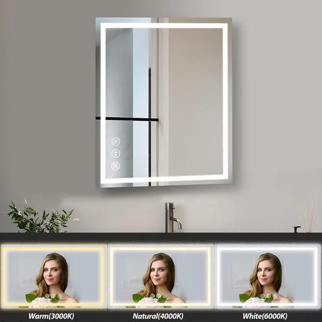 Alt view image 3 of 7 - LED Bathroom Mirror 28 x 20 Inches with Front and Backlit,Anti-Fog,3 Colors and Dimmable Light,Tempered Glass