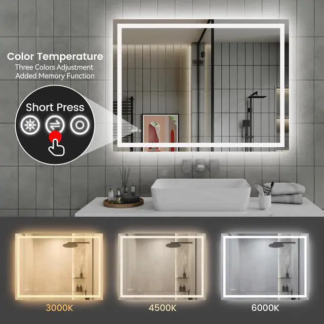 Alt view image 4 of 7 - 48"x36"LED Bathroom Mirror,Front-Lit and Back-Lit, Stepless Dimmable, 3 Colors CRI90+, Brightness Memory, Shatter-Proof,Anti-fog LED Vanity Mirror, IP44 Waterproof