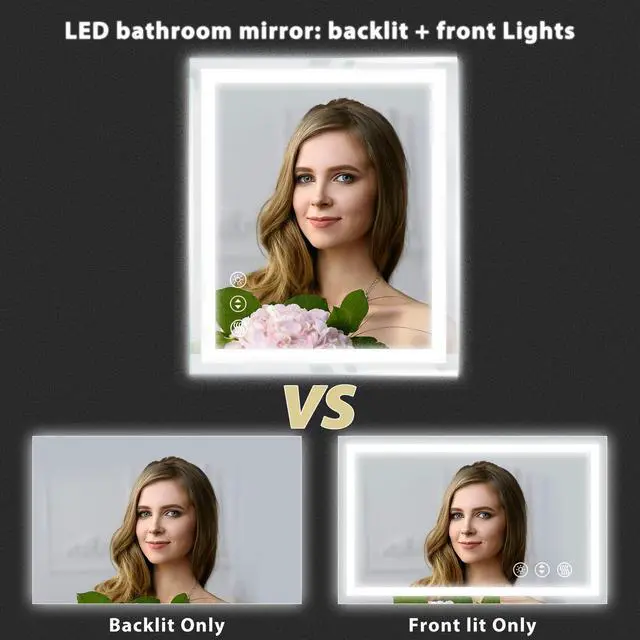 Alt view image 5 of 7 - LED Bathroom Mirror 28 x 20 Inches with Front and Backlit,Anti-Fog,3 Colors and Dimmable Light,Tempered Glass