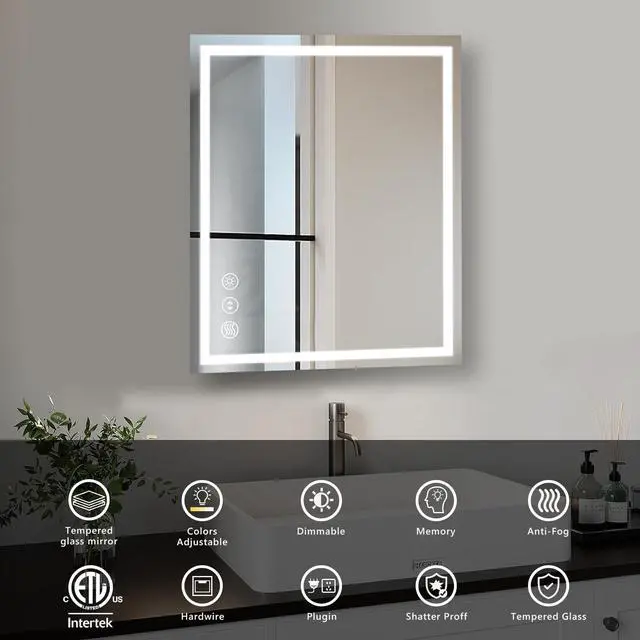 Alt view image 4 of 7 - 24 x 32 Inches LED Bathroom Mirror with Front and Backlit,Anti-Fog,3 Colors and Dimmable Light,Tempered Glass