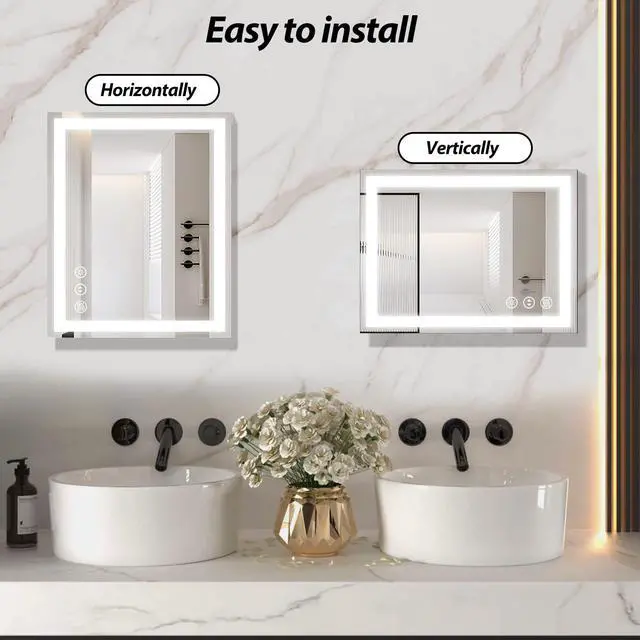 Alt view image 7 of 7 - LED Bathroom Mirror 28 x 20 Inches with Front and Backlit,Anti-Fog,3 Colors and Dimmable Light,Tempered Glass