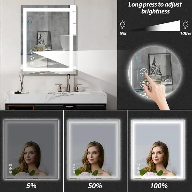 Alt view image 5 of 7 - 24 x 32 Inches LED Bathroom Mirror with Front and Backlit,Anti-Fog,3 Colors and Dimmable Light,Tempered Glass
