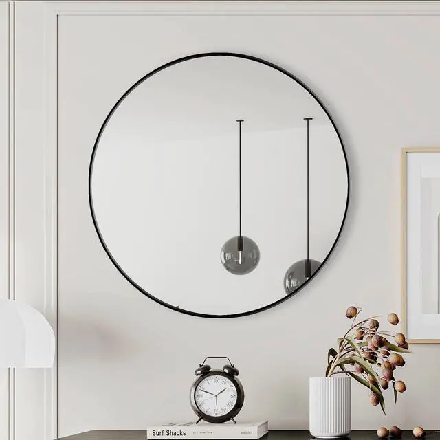Main image of Wall Mirror 28 Inch Black Circular Mirror Metal Framed Mirror Round Vanity Mirror Dressing Mirror, for Bathroom, Living Room, Bedroom Wall Decor
