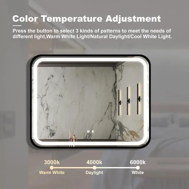 Alt view image 4 of 7 - 40X32 inch Bathroom Led Classy Vanity Mirror with High Lumen,Black metal frame,Dimmable Touch,Wall Switch Control, Anti-Fog ,CRI 95 Adjustable 3000K-4500K-6000K ,IP54 Waterproof Energy savin