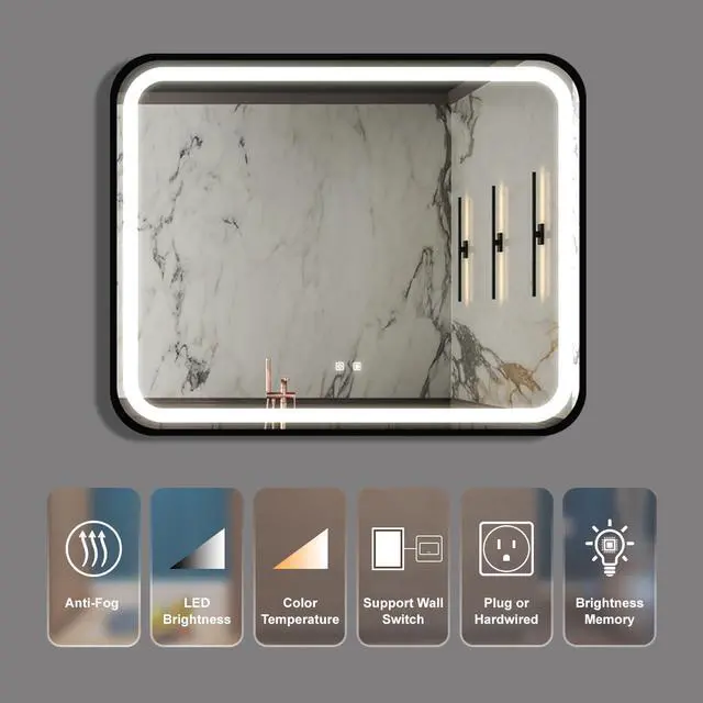 Alt view image 3 of 7 - 40X32 inch Bathroom Led Classy Vanity Mirror with High Lumen,Black metal frame,Dimmable Touch,Wall Switch Control, Anti-Fog ,CRI 95 Adjustable 3000K-4500K-6000K ,IP54 Waterproof Energy savin