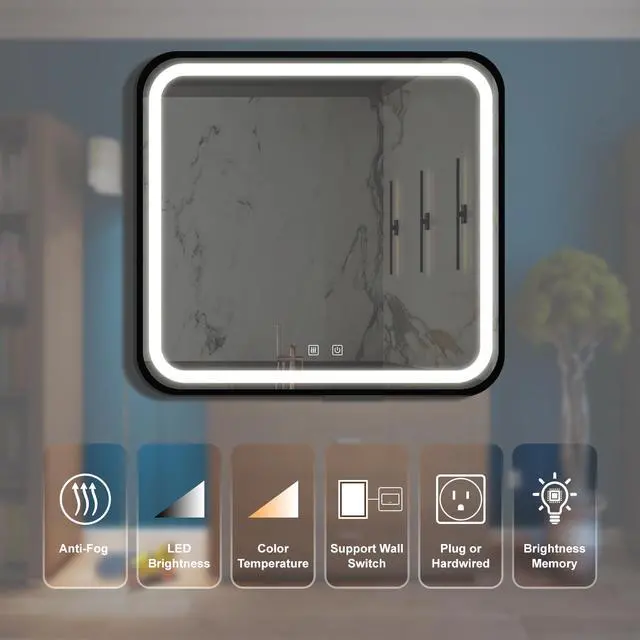 Alt view image 3 of 7 - 32*32inch Bathroom Led Classy Vanity Mirror with focused backplane,Black aluminum alloy frame,High Lumen,Dimmable Touch,Wall Switch Control, Anti-Fog ,CRI 95 Adjustable 3000K-4500K-6000K ,IP54 Waterpr