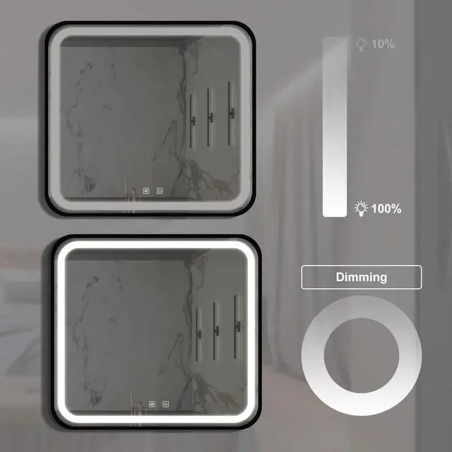 Alt view image 4 of 7 - 32*32inch Bathroom Led Classy Vanity Mirror with focused backplane,Black aluminum alloy frame,High Lumen,Dimmable Touch,Wall Switch Control, Anti-Fog ,CRI 95 Adjustable 3000K-4500K-6000K ,IP54 Waterpr
