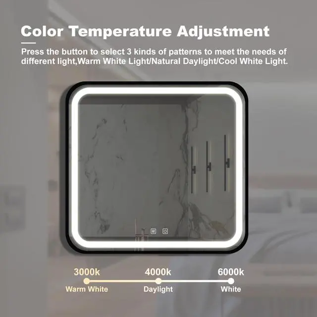 Alt view image 5 of 7 - 32*32inch Bathroom Led Classy Vanity Mirror with focused backplane,Black aluminum alloy frame,High Lumen,Dimmable Touch,Wall Switch Control, Anti-Fog ,CRI 95 Adjustable 3000K-4500K-6000K ,IP54 Waterpr