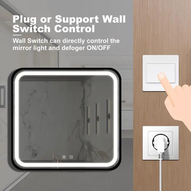 Alt view image 7 of 7 - 32*32inch Bathroom Led Classy Vanity Mirror with focused backplane,Black aluminum alloy frame,High Lumen,Dimmable Touch,Wall Switch Control, Anti-Fog ,CRI 95 Adjustable 3000K-4500K-6000K ,IP54 Waterpr