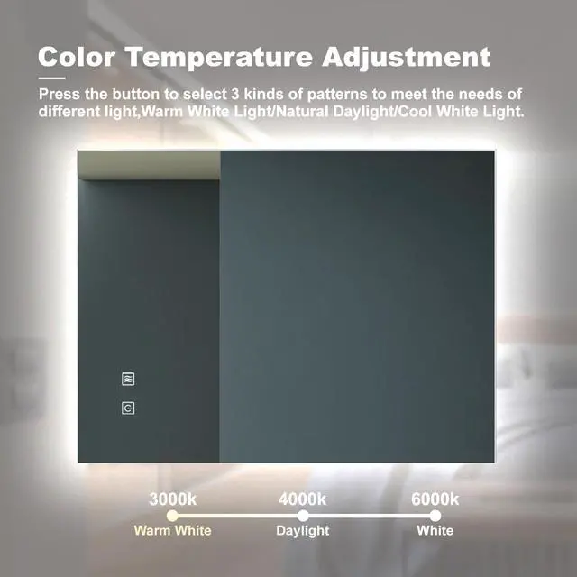 Alt view image 7 of 7 - 36X28 inch Bathroom Led Classy Vanity Mirror with High Lumen,Dimmable Touch,Wall Switch Control, Anti-Fog ,CRI 90 Adjustable 3000K-4500K-6000K ,IP54 Waterproof Energy saving Vertical & Horizontal