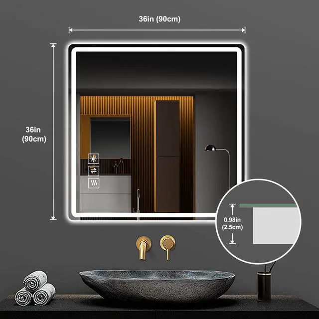 Alt view image 3 of 7 - 36X36 Inch LED Bathroom Mirror Vanity Mirrors with Front Lights Wall Mounted Anti-Fog Frameless Make Up Mirror with Light 5 mm Copper-Free Silver Mirror Horizontal or Vertical