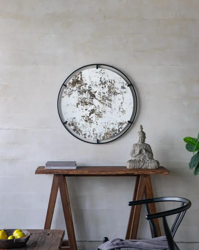 Alt view image 3 of 6 - D31.5x0.5" Theodor Mirror with industrial design Round Mirror with Metal Frame for Wall Decor & Entryway Console Lean Against Wall