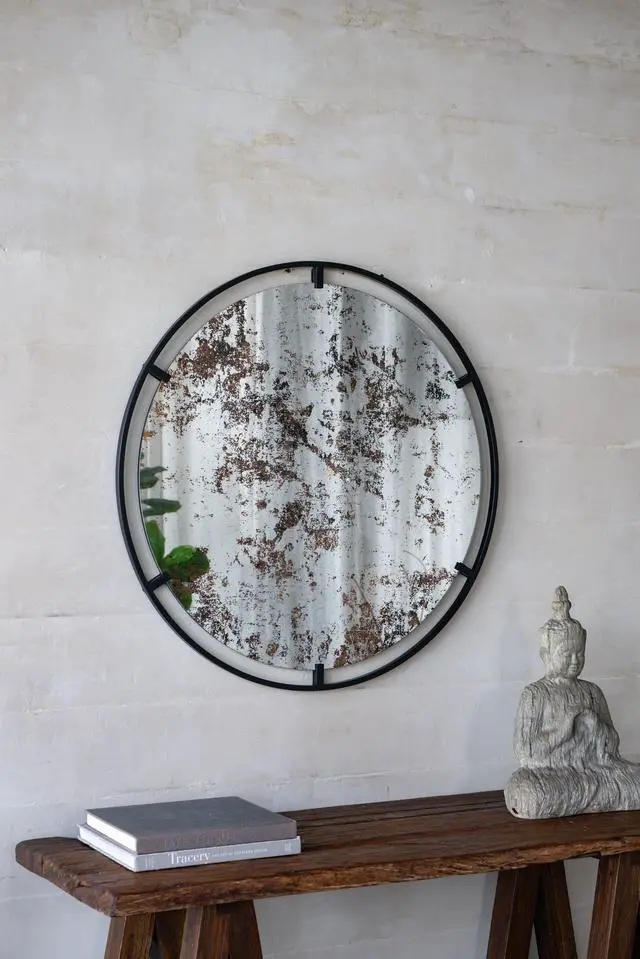 Main image of D31.5x0.5" Theodor Mirror with industrial design Round Mirror with Metal Frame for Wall Decor & Entryway Console Lean Against Wall