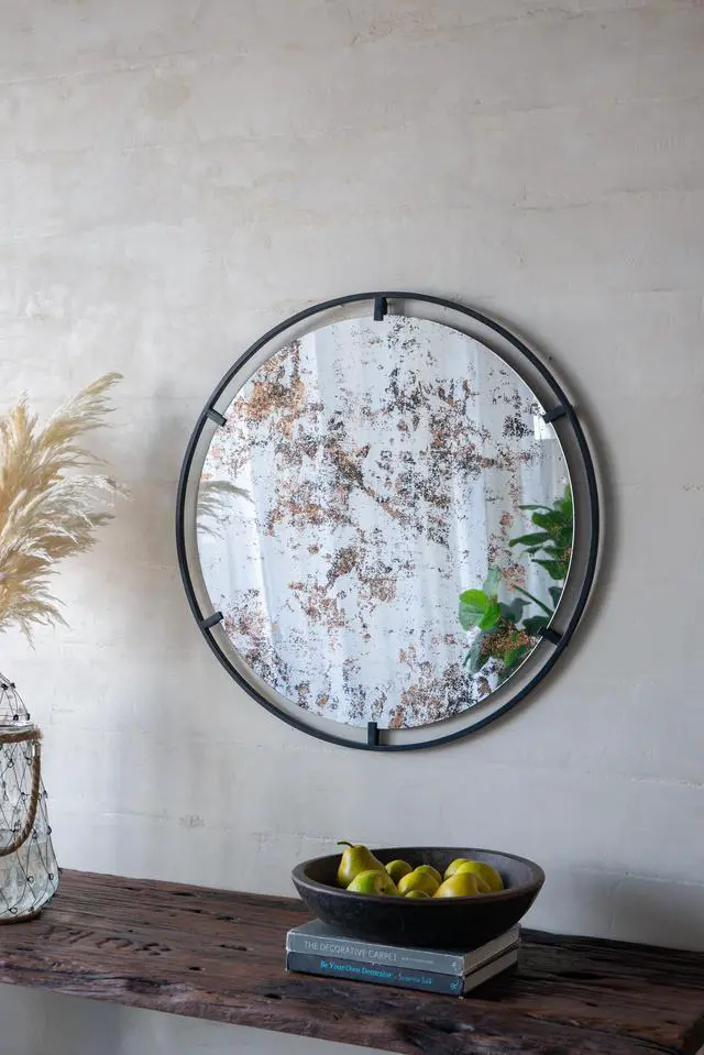 Alt view image 5 of 6 - D31.5x0.5" Theodor Mirror with industrial design Round Mirror with Metal Frame for Wall Decor & Entryway Console Lean Against Wall