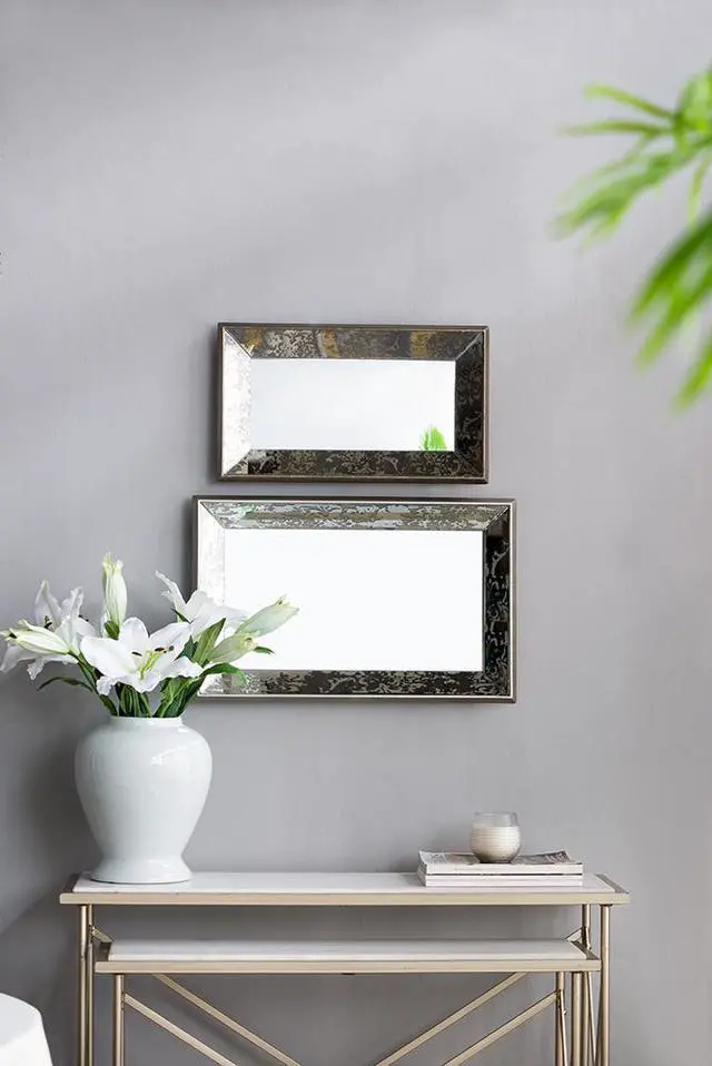 Alt view image 5 of 6 - 24" x 15" Antique Silver Rectangle Mirror with Floral Accents, Mirrored Display Tray, Hanging Wall Mirror