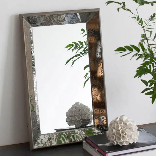 Alt view image 6 of 6 - 24" x 15" Antique Silver Rectangle Mirror with Floral Accents, Mirrored Display Tray, Hanging Wall Mirror