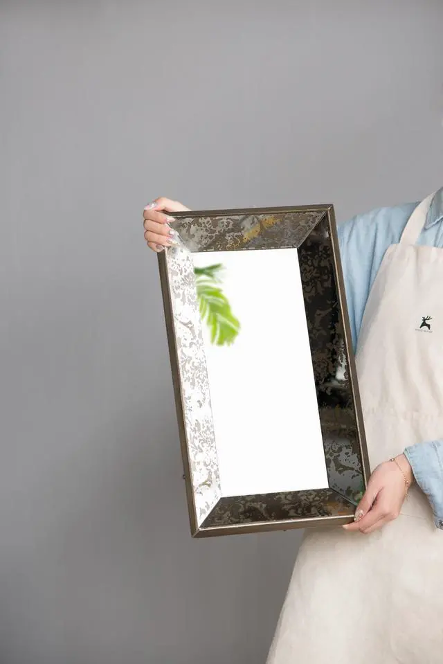 Main image of 24" x 15" Antique Silver Rectangle Mirror with Floral Accents, Mirrored Display Tray, Hanging Wall Mirror